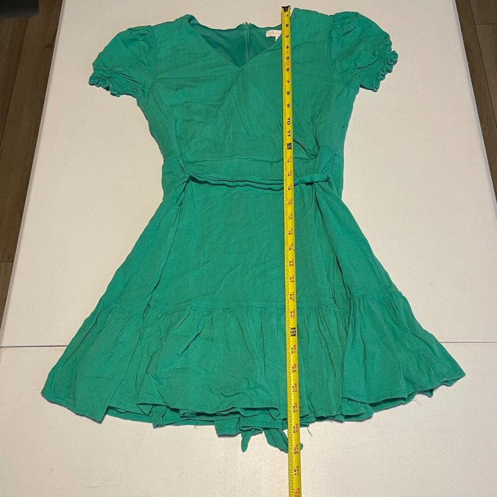 Girls Green Puff Sleeve Wrap Dress With Ruffled Hem & Belt by GB Girls - Picture 13 of 15